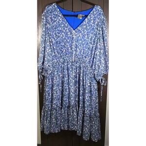 Taylor Woman Blue Floral V-Neck‎ Smocked Waist Ruffle Midi Dress Cottagecore 18W